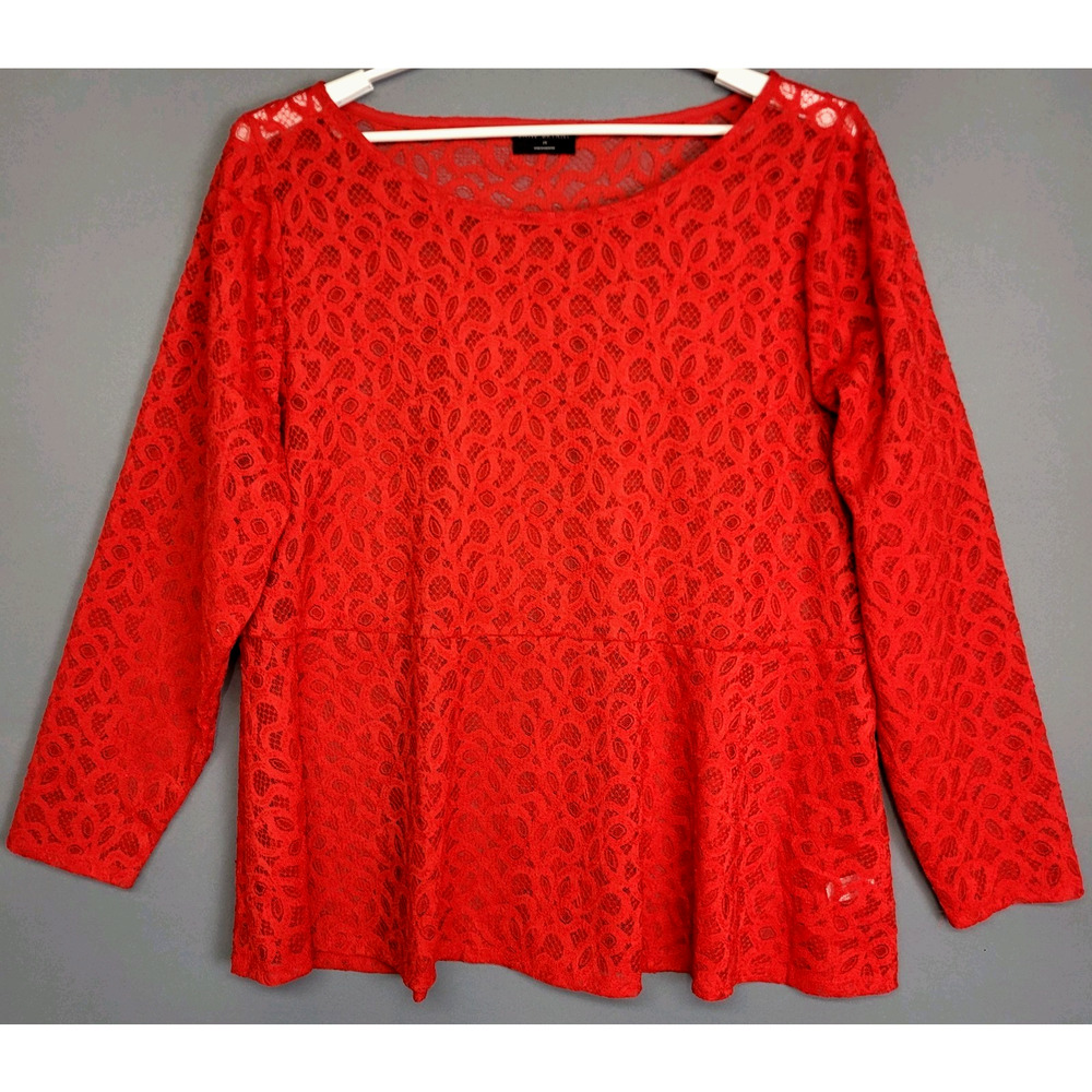 Lane‎ Bryant Lace Peplum Top Womens 24 Red Sheer  Romantic Party Holiday